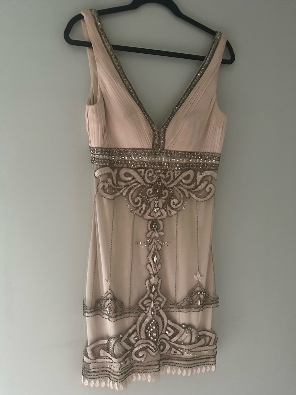 Vintage Sue Wong Elegant Blush Beaded V-Neck Evening Cocktail Dress